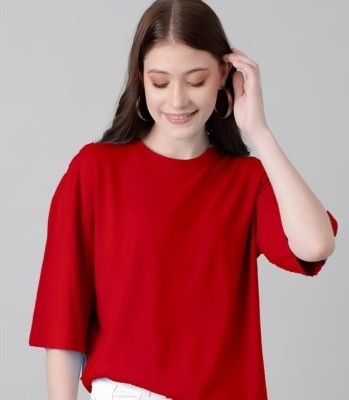 NVYARI Solid Women Round Neck Red T-Shirt