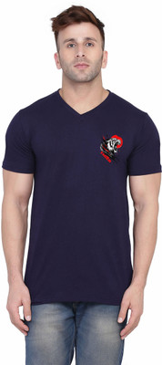 GEUM Solid Men V Neck Dark Blue T-Shirt