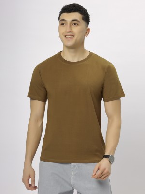 N AND J Solid Men Round Neck Brown T-Shirt