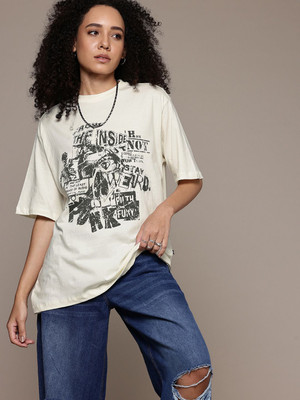 Roadster Printed Women Round Neck White T-Shirt