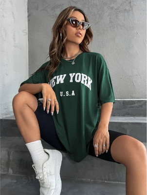 FURRR Printed Women Round Neck Dark Green T-Shirt