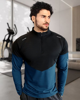 SCOWET Striped Men High Neck Blue T-Shirt