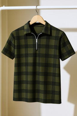Try This Colorblock Men Zip Neck Green, Black T-Shirt