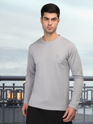 CHKOKKO Solid Men Round Neck Silver T-Shirt