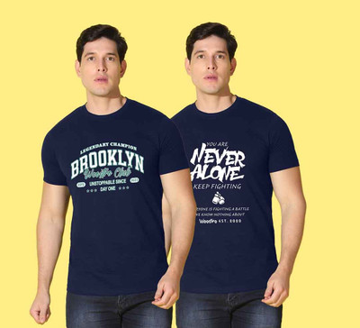 WOOSTRO Printed Men Round Neck Dark Blue T-Shirt
