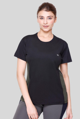 White Moon Colorblock Women Round Neck Black T-Shirt