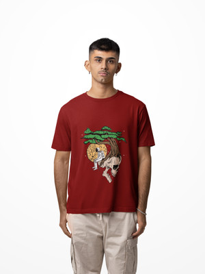 J&D brand Printed Men Cowl Neck Maroon T-Shirt