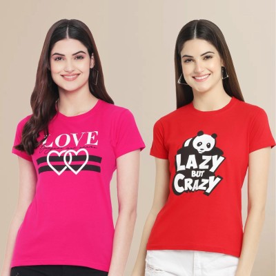 Tromko Printed Women Round Neck Pink, Red T-Shirt