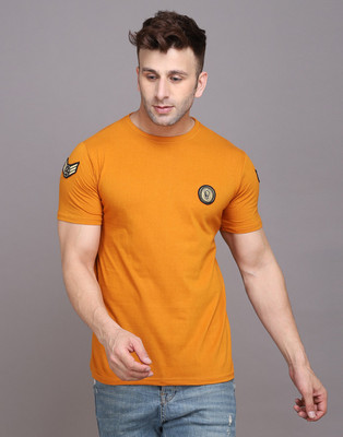 GEUM Solid Men Round Neck Gold T-Shirt