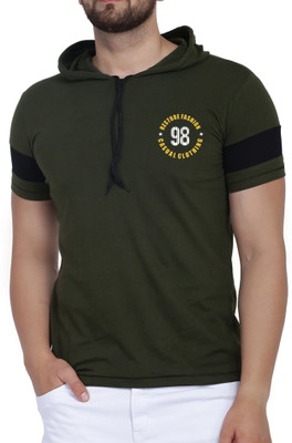 WOOSTRO Printed Men Hooded Neck Dark Green T-Shirt