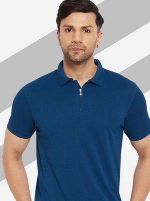 98 Degree North Solid Men Polo Neck Blue T-Shirt