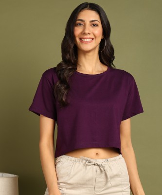 GLOBAL NOMAD Solid Women Round Neck Purple T-Shirt