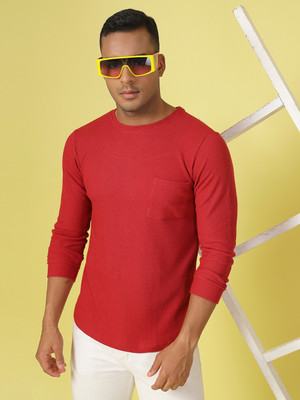 RIGO Solid Men Turtle Neck Red T-Shirt