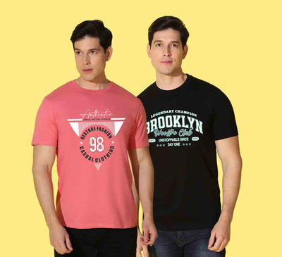 WOOSTRO Printed Men Round Neck Pink, Black T-Shirt