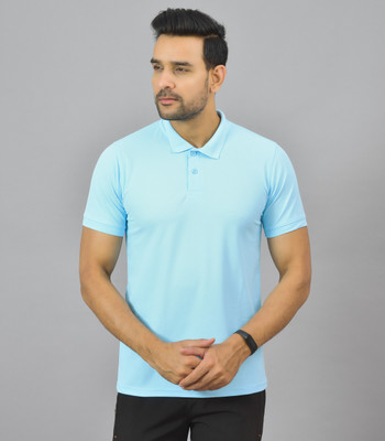 spotlifes Self Design Men Polo Neck Light Blue T-Shirt