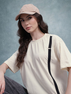 Roadster Striped Women Round Neck White T-Shirt