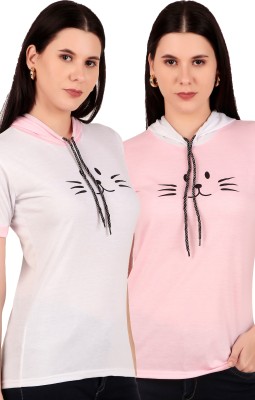 ROAD ARMOR Graphic Print Women Hooded Neck Pink, White T-Shirt