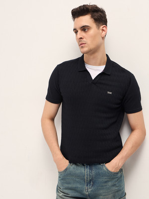 THE BEAR HOUSE Self Design Men Polo Neck Black T-Shirt