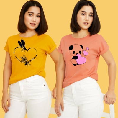 Kintu Parantu Printed Women Round Neck Yellow, Orange T-Shirt