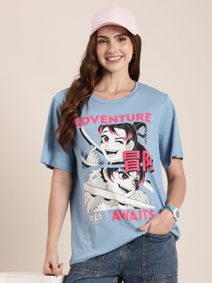 HERE&NOW Printed Women Round Neck Blue T-Shirt