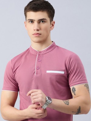 Zigo Solid Men Mandarin Collar Pink T-Shirt