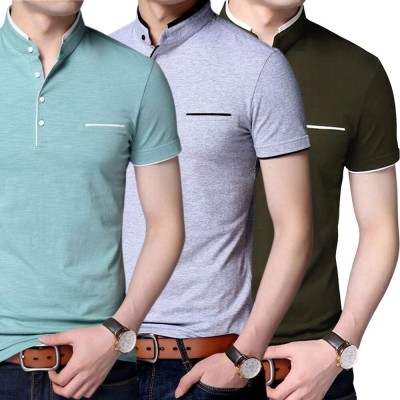 Lets Shine Solid Men Mandarin Collar Light Green, Grey, Maroon T-Shirt