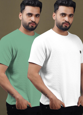 Yazole Solid Men Round Neck White, Light Green T-Shirt
