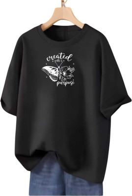 HouseOfCommon Printed Women Round Neck Black T-Shirt
