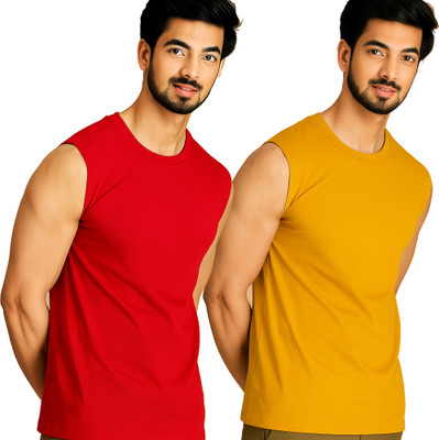 Moordale Solid Men Round Neck Red, Yellow T-Shirt
