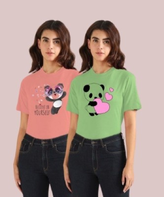 Parona Graphic Print Women Round Neck Pink, Green T-Shirt