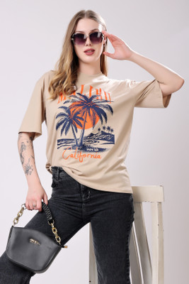 London Hills Graphic Print Women Round Neck Brown T-Shirt