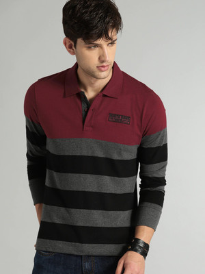 Roadster Striped Men Polo Neck Black, Grey T-Shirt