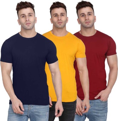 INDIZO Solid Men Round Neck Blue, Maroon, Yellow T-Shirt