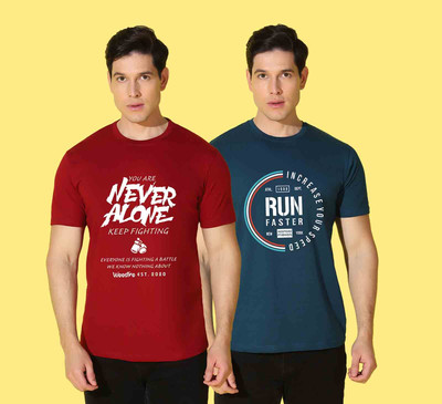 WOOSTRO Typography Men Round Neck Maroon, Blue T-Shirt