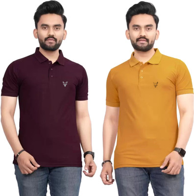 ELEGORY Solid Men Polo Neck Yellow, Maroon T-Shirt