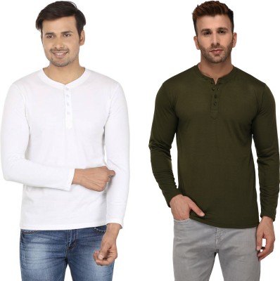 Adorbs Solid Men Henley Neck Dark Green, White T-Shirt