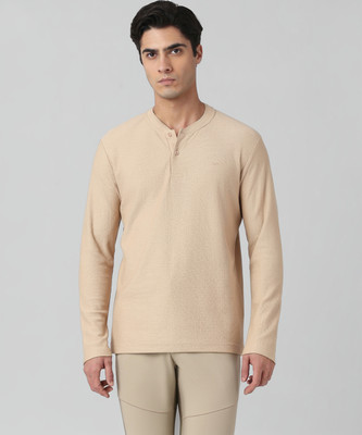 MUFTI Solid Men Henley Neck Beige T-Shirt