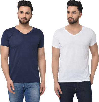 Adorbs Trend Solid Men V Neck Dark Blue, White T-Shirt