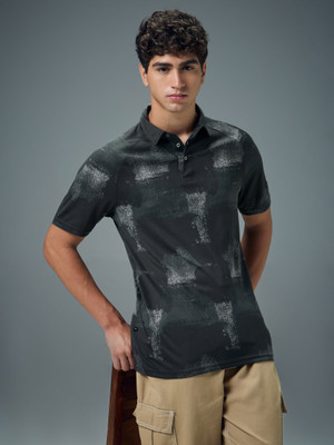 TECHNOSPORT Printed Men Polo Neck Black T-Shirt