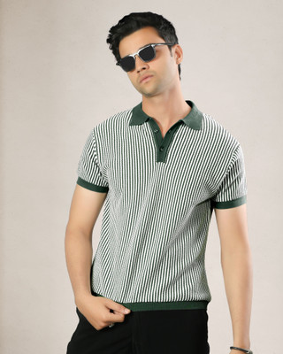 SaintArebian Self Design Men Polo Neck Green, White T-Shirt