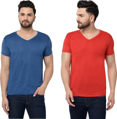 Adorbs Trend Solid Men V Neck Dark Blue, Red T-Shirt