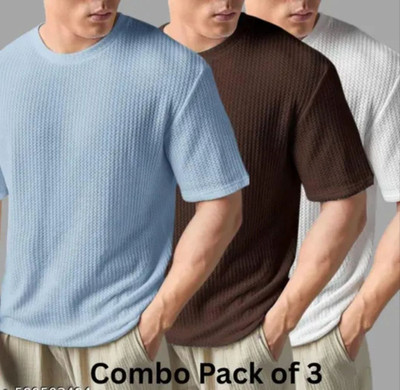 At Last Fashion Self Design Men Round Neck Light Blue, Brown, White T-Shirt