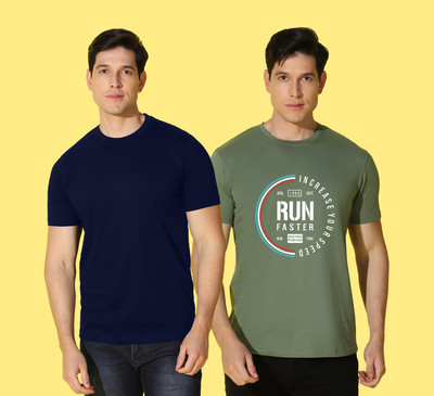 WOOSTRO Printed, Solid Men Round Neck Blue, Green T-Shirt