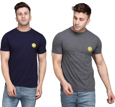 GEUM Solid Men Round Neck Dark Blue, Grey T-Shirt