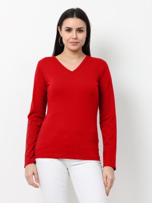 Wafaa Solid Women V Neck Red T-Shirt