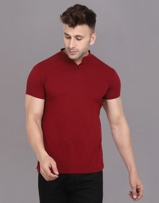 GEUM Solid Men Mandarin Collar Maroon T-Shirt