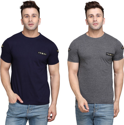 GEUM Solid Men Round Neck Dark Blue, Grey T-Shirt