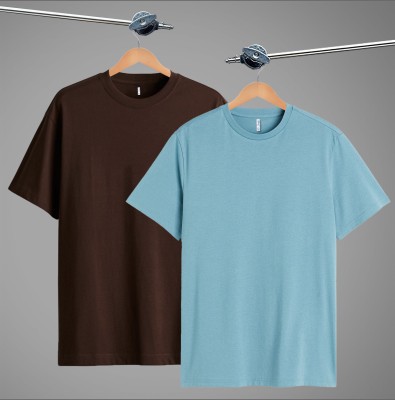 Sleepynuts Solid Men Round Neck Brown, Light Blue T-Shirt