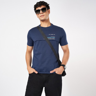 SF Jeans by Pantaloons Typography Men Round Neck Blue T-Shirt