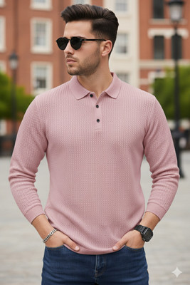 Siya Fashion Solid Men Polo Neck Pink T-Shirt